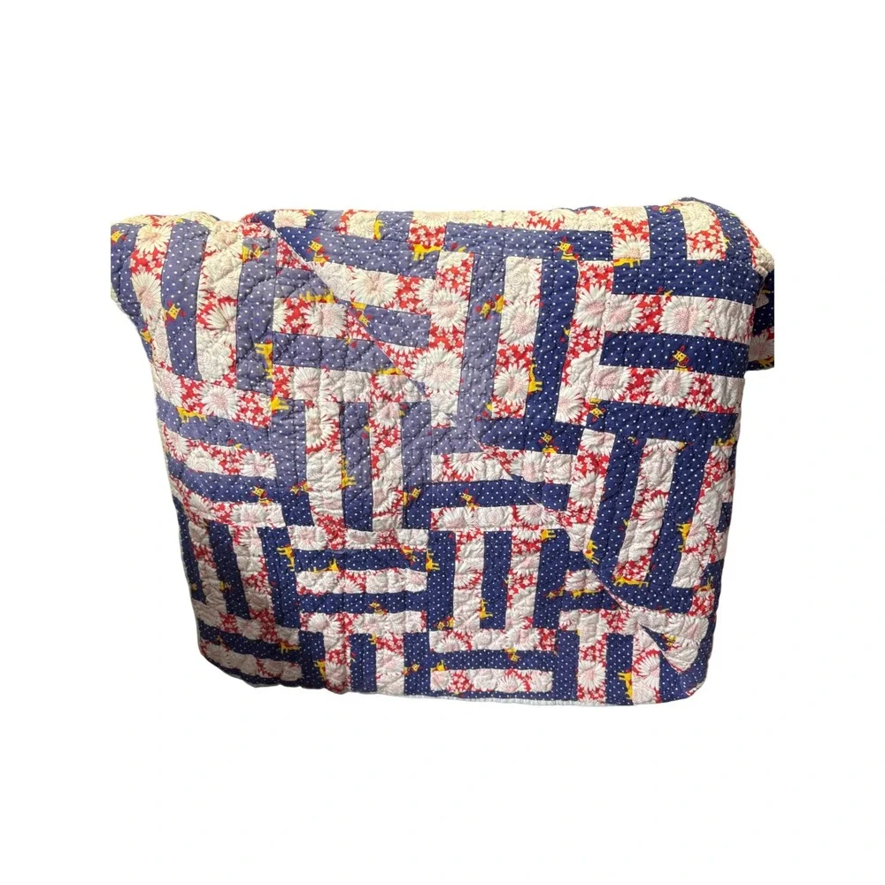 Vintage Handmade Patchwork Quilt Red White Blue Floral Giraffe Nursery Lap Throw